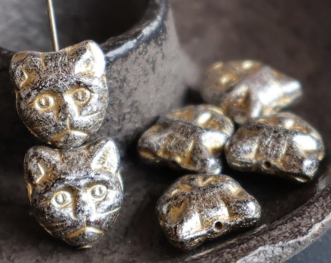 6 - 13mm Cat Face Bead - Czech Glass Bead - Hematite Gold Picasso