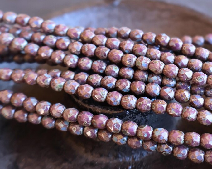 Opaque Purple Full Picasso 4mm Czech Beads -  Firepolished Faceted 50 pcs