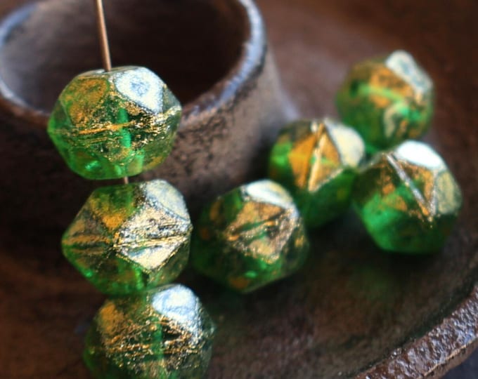 Emerald Gold Picasso - Czech Glass Beads 12mm English Cut - 6 Pack