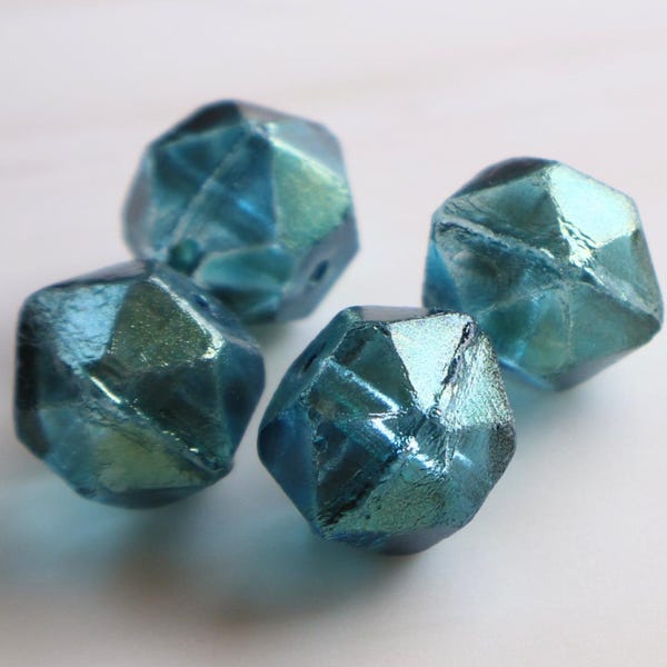 Czech 13mm English Cut Beads - Capri Blue Golden Luster Glass Beads