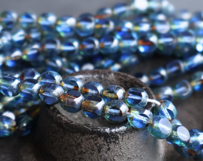 Full Strand 25 Czech Fire Polished Glass Facet Tri Cut Beads Sapphire Picasso - 4 - 9  Beads for Jewelry Making