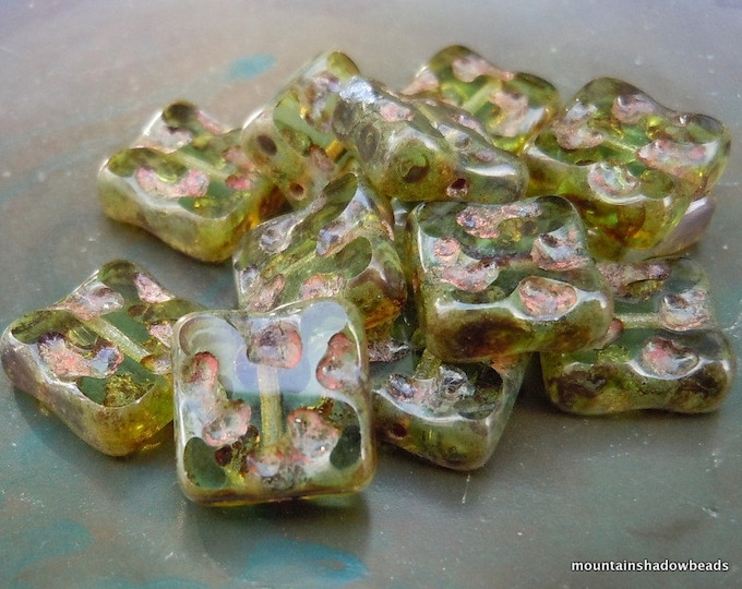 10mm Square Czech Glass Beads - Olivine Picasso 10