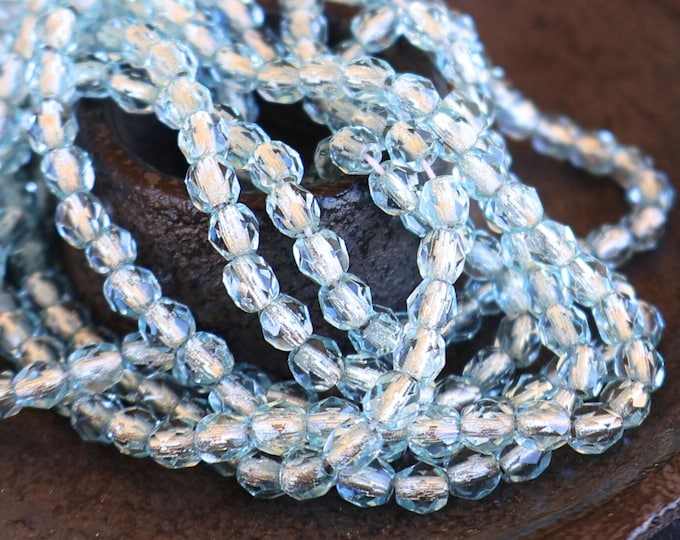 50 4mm Czech Firepolished Beads Silver Lined Aquamarine (BX 9 - 5)