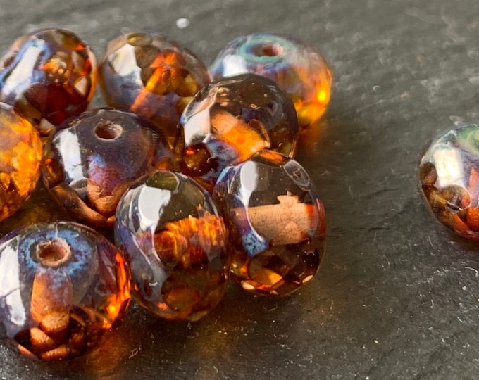 Czech Glass Beads Firepolished Rondelle 9x6mm Rosaline Picasso