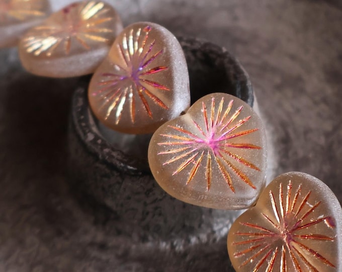 Heart Beads Czech Glass Beads - 18mm Matte Smoky Topaz Pink Marea