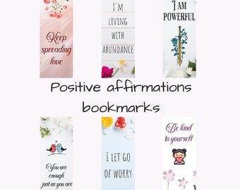 Positive Affirmations Bookmarks, Printable Bookmarks, Set of 6 Positive Quotes, Print and Cut Bookmark Set, Positivity, PNG Bookmark