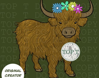 Highland Cow Floral PNG