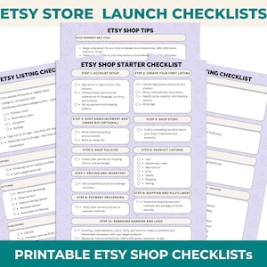 May include: A printable checklist for Etsy shop owners. The checklist is divided into sections for shop setup, listing creation, shop policies, pricing and inventory, payment processing, shipping and fulfillment, and branding. The checklist is designed to help Etsy sellers launch and grow their businesses.