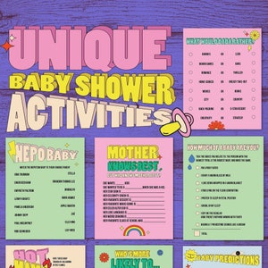 May include: A set of printable baby shower game cards with a pink, yellow, and green color scheme. The cards feature fun activities like "Nepo Baby", "Mother Knows Best", "What Would Dada Rather", "How Much of a Baby Are You?", "Who's More Likely To...", and "Baby Predictions".