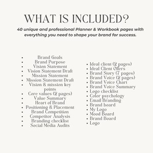 May include: A black and white checklist of items to include in a brand workbook. The checklist includes items such as brand goals, brand purpose, vision statement, mission statement, core values, ideal client, brand story, brand voice, and logo checklist.