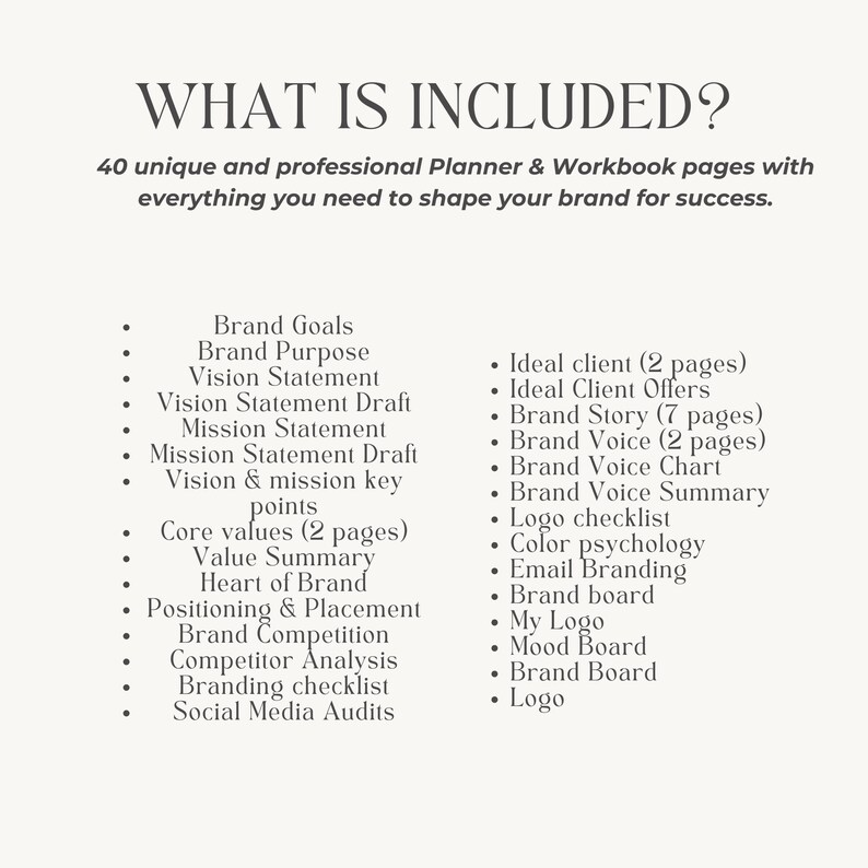 May include: A black and white checklist of items to include in a brand workbook. The checklist includes items such as brand goals, brand purpose, vision statement, mission statement, core values, ideal client, brand story, brand voice, and logo checklist.