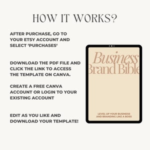 May include: A digital tablet displaying a mockup of a "Business Brand Bible" template. The text "Level Up Your Business and Branding Like a Boss" is displayed on the tablet. The image includes instructions on how to access and edit the template.