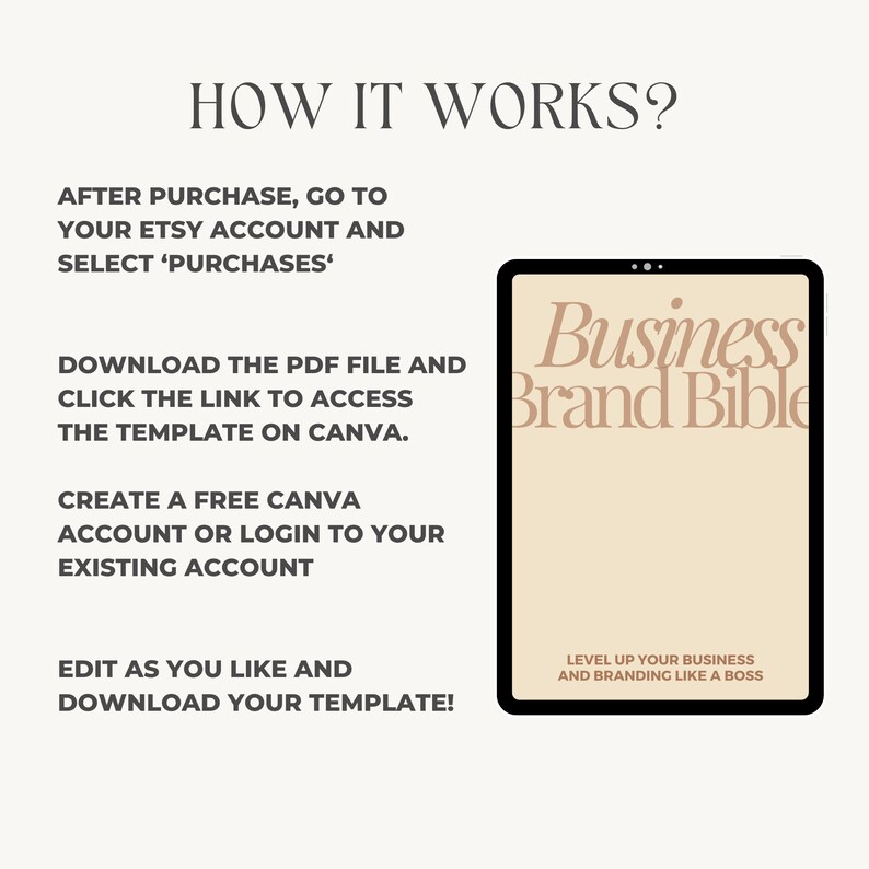 May include: A digital tablet displaying a mockup of a "Business Brand Bible" template. The text "Level Up Your Business and Branding Like a Boss" is displayed on the tablet. The image includes instructions on how to access and edit the template.