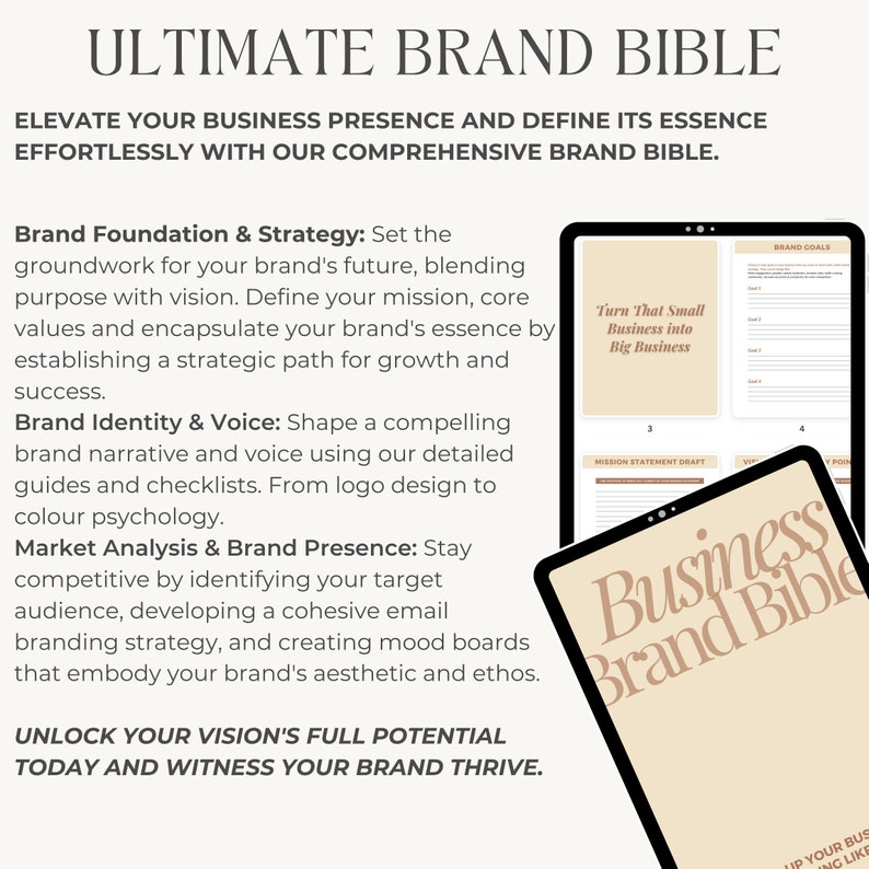 May include: A digital tablet displaying a guide for creating a business brand bible. The guide includes sections on brand foundation, brand identity, market analysis, and brand presence. The tablet is on a white background with the text "Ultimate Brand Bible" in large, bold letters at the top.