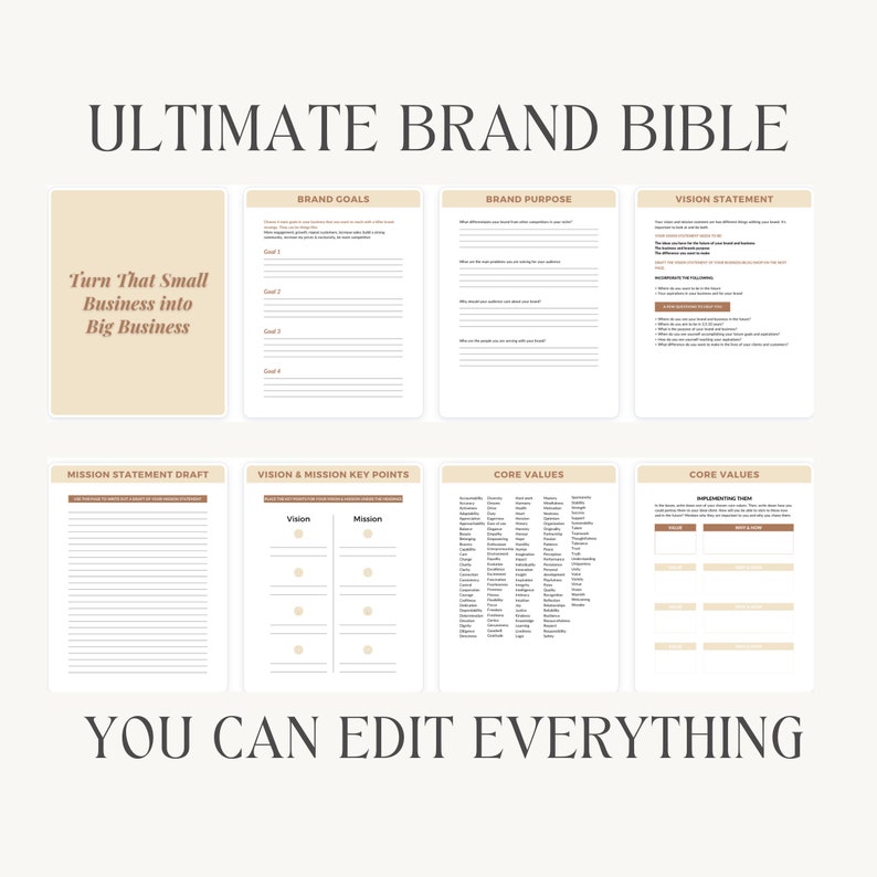 May include: A printable worksheet titled "Ultimate Brand Bible" with sections for brand goals, brand purpose, vision statement, mission statement draft, vision and mission key points, and core values. The worksheet is designed to help small businesses grow into big businesses.