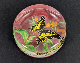 Vintage Butterfly Paperweight - Clear Glass and Plastic Round Simple Insect Gift