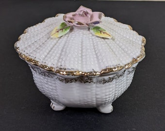 Vintage Lidded Trinket Dish - White Porcelain with Pink Rose - 80's Vanity Decoration