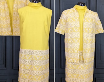 Vintage 60's Spring Party Dress - Yellow Sheath with Lace Jacket - Size Large XL