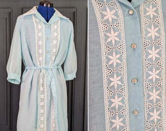 Pastel Blue Belted Shift Dress with Floral Embroidery - Size XL