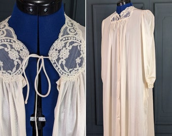 Vintage Peignoir - Pink Ivory Colored Nylon Nightgown Button Front Lace Collar - Size Large