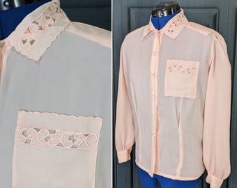 Vintage 80's Blouse - Pink Lace Long Sleeve Collared Shirt - Size Medium Large