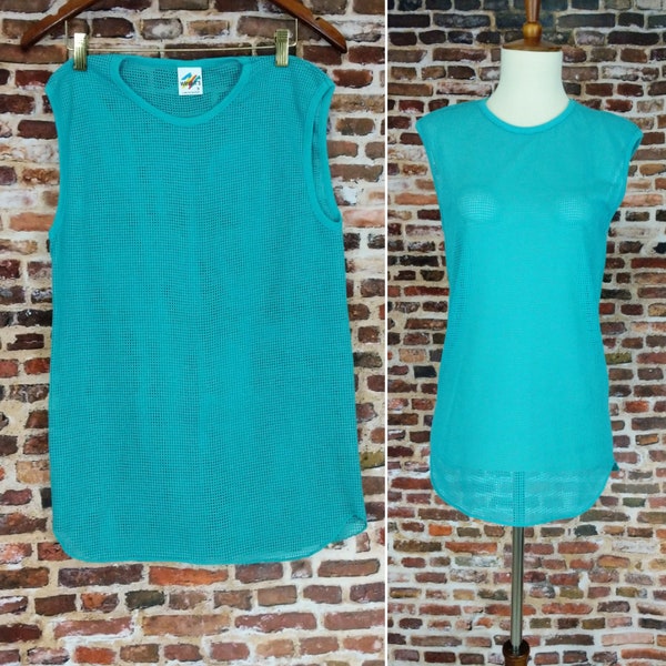 Vintage 80's Mesh Shirt Teal Tank Top Sleeveless T Shirt Muscle Shirt Size Small or Medium