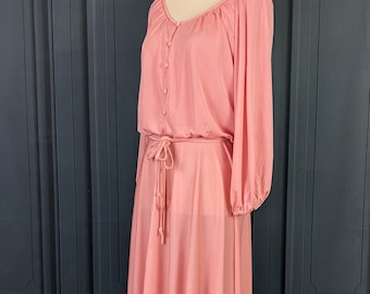 Vintage 70's Maxi Dress - Pink Synthetic Knit Party Dress - Size