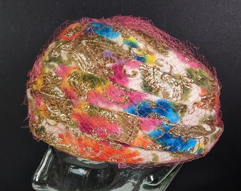 Vintage Pink Rainbow Swirl Brocade Hat - 60's Ladies Hat with Netting - Gold Embroidered Fabric