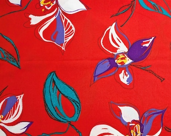 Vintage Sewing Fabric - Red Large Floral Print Flowers 70's 80's - 2 Plus Yards Sewing Material