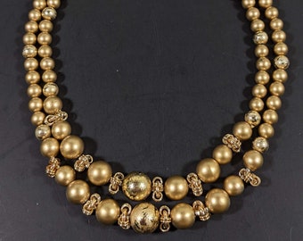 Vintage Gold Tone Bead Multi Strand Necklace - Mid Century Beaded Plastic Jewelry