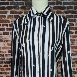 Vintage 70&#39;s Shirt Black Brown Striped Knit - Long Sleeve Button Front Blouse - Size Medium Large