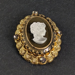 Vintage Made in West Germany Cameo Brooch - Ornate Gold Tone Metal Glass Cameo