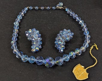Vintage Laguna Blue Crystal Beaded Necklace and Clip on Earrings Set in Box with Tags Mid Century Estate Jewelry