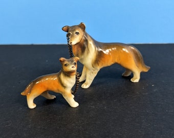 Vintage Collie Dog Figurines with Chain - Mom and Puppy - Miniature Dog Decor