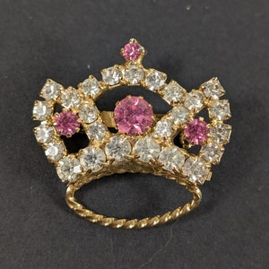 Vintage Crown Shaped Brooch - Gold Tone Metal Clear Pink Rhinestones