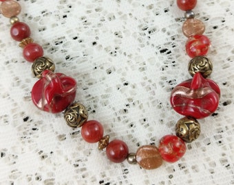 Vintage Glass Beaded Necklace Red Gold Tone Beads Boho 80's