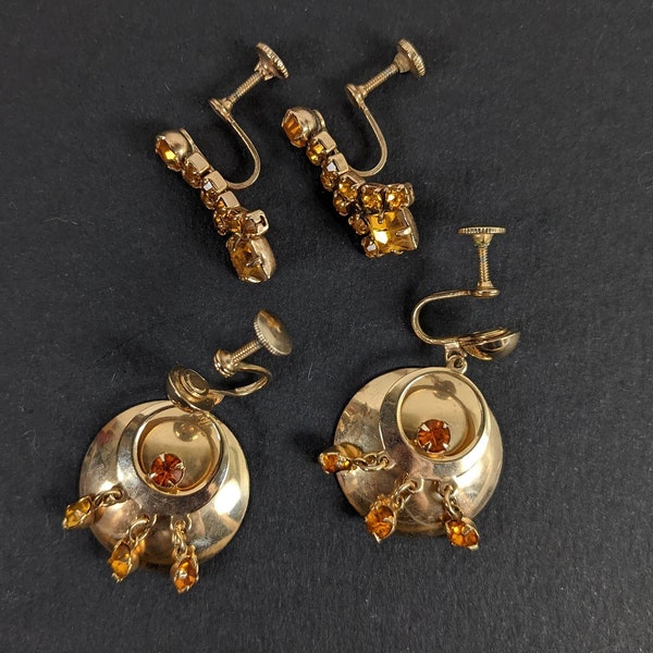 Two Pairs Vintage Rhinestone Earrings - Gold Tone Amber Rhinestones - Screw Back Earrings
