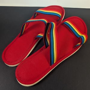 Vintage 70's 80's Red Sandals with Rainbow Straps - Size 8 9 USA Made Machine Washable