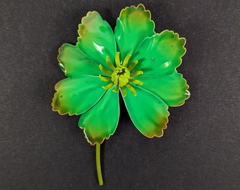 Vintage Enamel Flower  Brooch - Green 3D Mid Century Flower Pin with Stem
