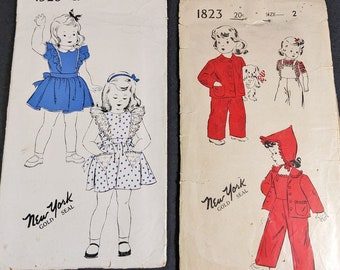 Vintage Sewing Patterns - Two 1940's Child's Size 2 Children's Toddlers - Pinafore Dress Overalls Suit - New York Brand