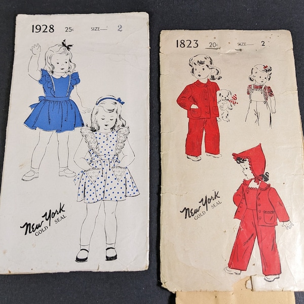 Vintage Sewing Patterns - Two 1940's Child's Size 2 Children's Toddlers - Pinafore Dress Overalls Suit - New York Brand