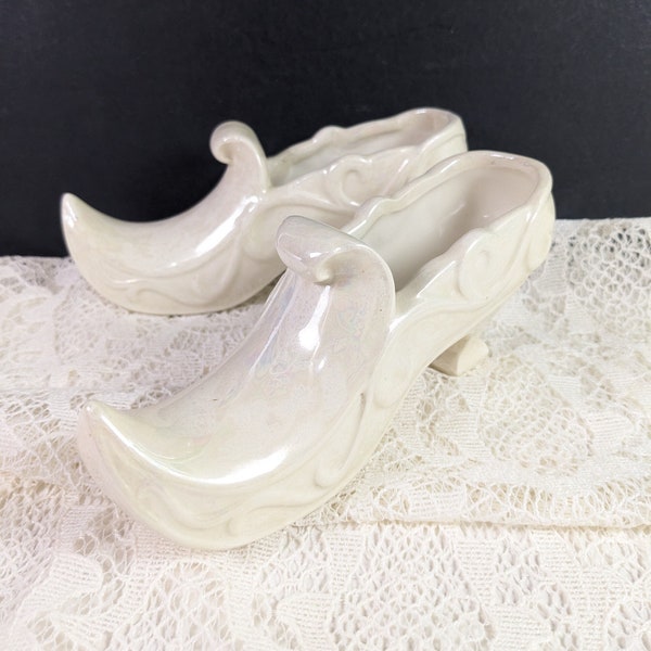 Vintage Decorative Ceramic Shoes - Pair Set of Two - White Pointed Toe Shoe Planters
