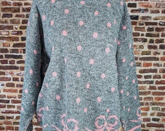 Vintage Gray and Pink 80's Sweater - Pink Bow Patterned Pullover Sweater - Size Large XL