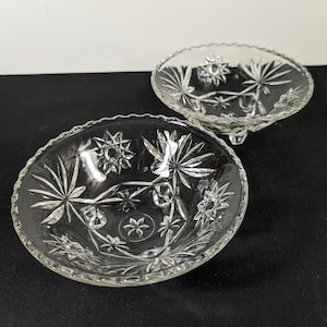 2 Vintage Anchor Hocking Prescut Footed Bowls - Set of 2 Pressed Glass Serving Pieces 6.75&quot; wide