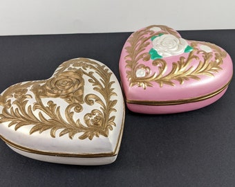 Vintage Heart Shaped Trinket Boxes - Set of 2 - Handmade Ceramic