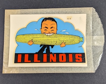 Vintage Illinois State Souvenir Sticker Travel Decal - Cartoon Man Eating Corn - Luggage Label 40's 50's