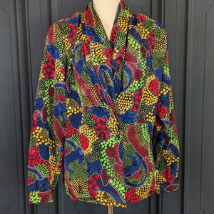 Vintage 80&#39;s Blouse - Black Rainbow Polka Dot Silky Material Long Sleeve - Size Medium