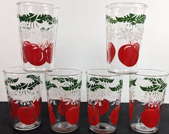 6 Vintage Tomato Printed Juice Glasses - Mid Century Red and Green Kitchen Decor Set
