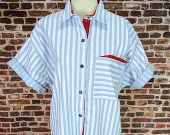 Vintage 80's Button up Shirt - Red White Blue Striped Bandanna Print - Size Large XL