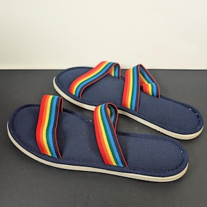Vintage 70's 80's Blue Sandals with Rainbow Straps - Size 8 9 USA Made Machine Washable